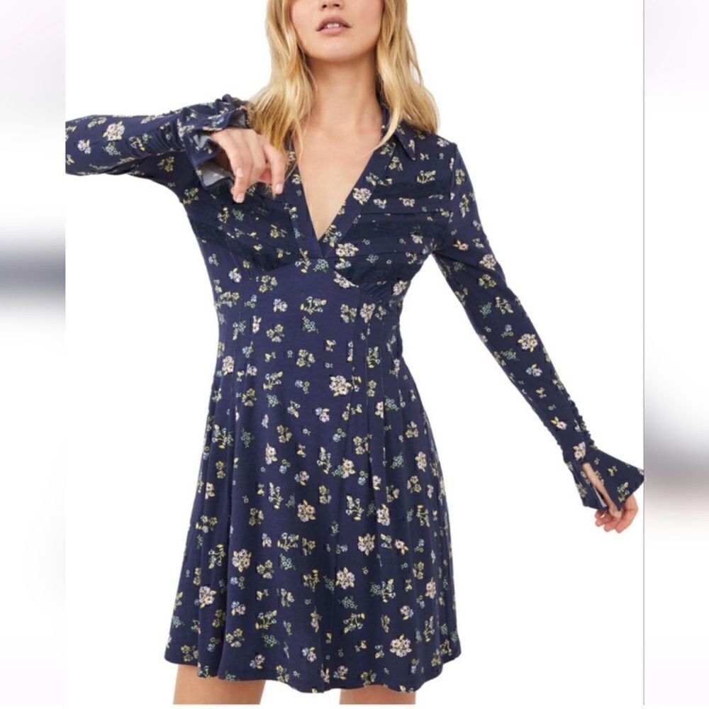 Free People Good Days Navy Blue Floral Long Sleeve Mini Dress | SZ XS
